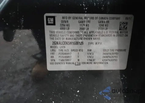 2017 Chevrolet Equinox Lt z USA, uszkodzony, nr VIN 2GNALCEK5H1608126